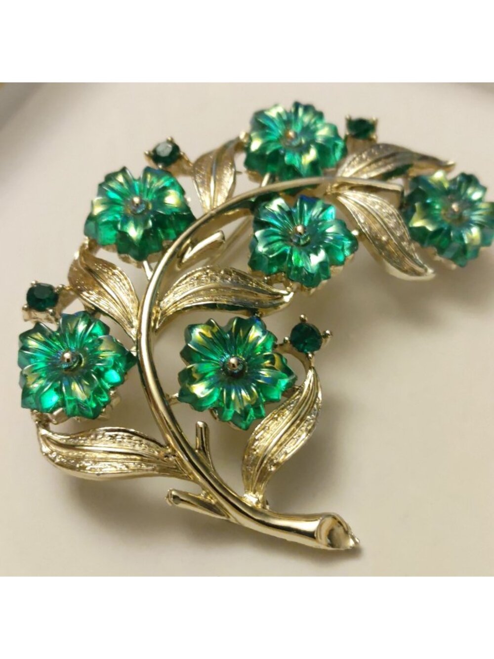 Coro Brooch Pin Teal Green Iridescent Molded Glass Flowers Gold Tone 1960s